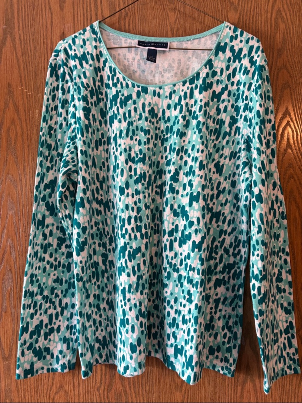 Karen Scott Teal & White Abstract Dot Print Long Sleeve Top